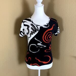 Take Two Abstract Art Print Top Petite Small PS Black Red White Rhinestone Tee